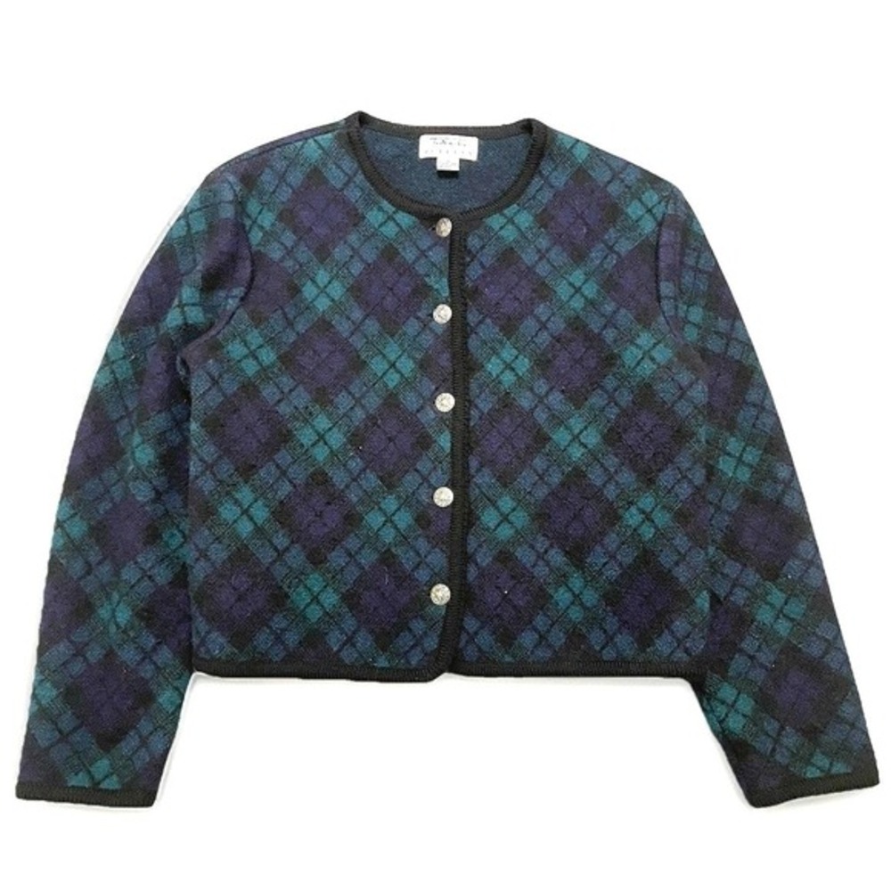 Vtg Talbots 100%‎ Wool Tartan Knit Cardigan Sweater Women L 14 Green Navy Plaid